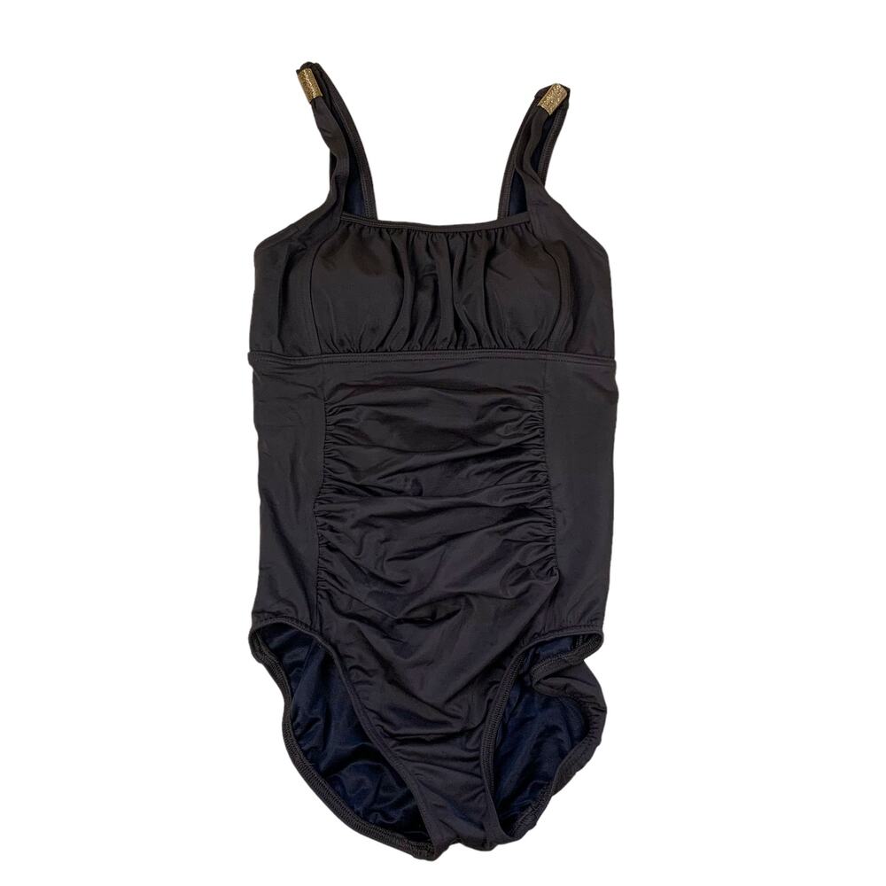 Lands' End Brown Ruched One Piece Slimming Swimsuit Gold Straps 4L 4 Long
